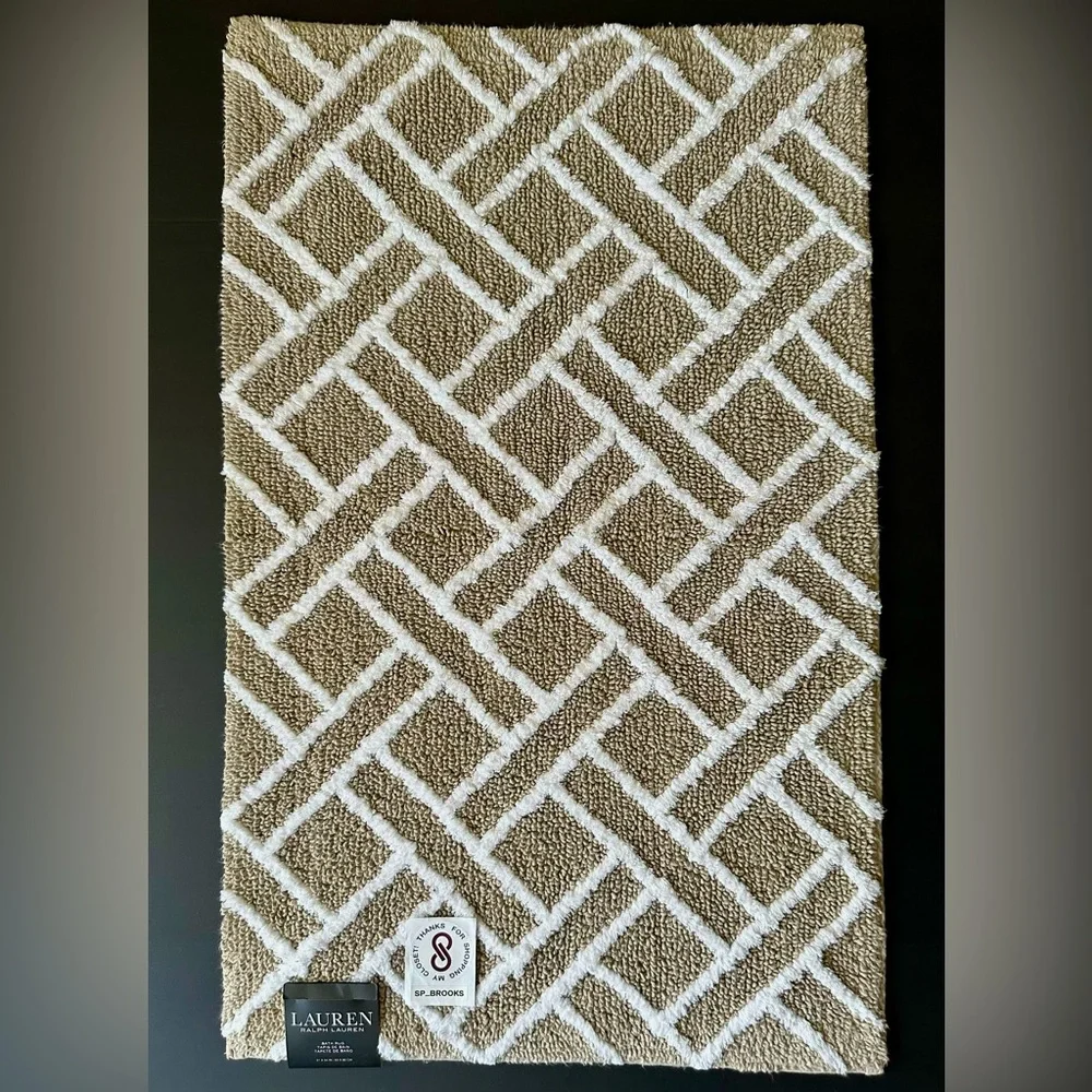 🎁Ralph Lauren Bath Rug - Skid Resistant- Cotton - 21” x 34”- Taupe & White